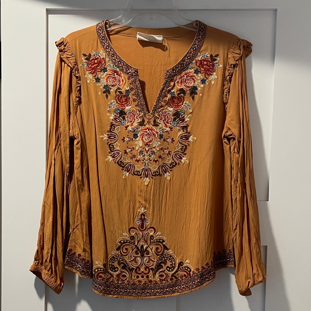 Savanna Jane Floral Embroidered Top in Mustard